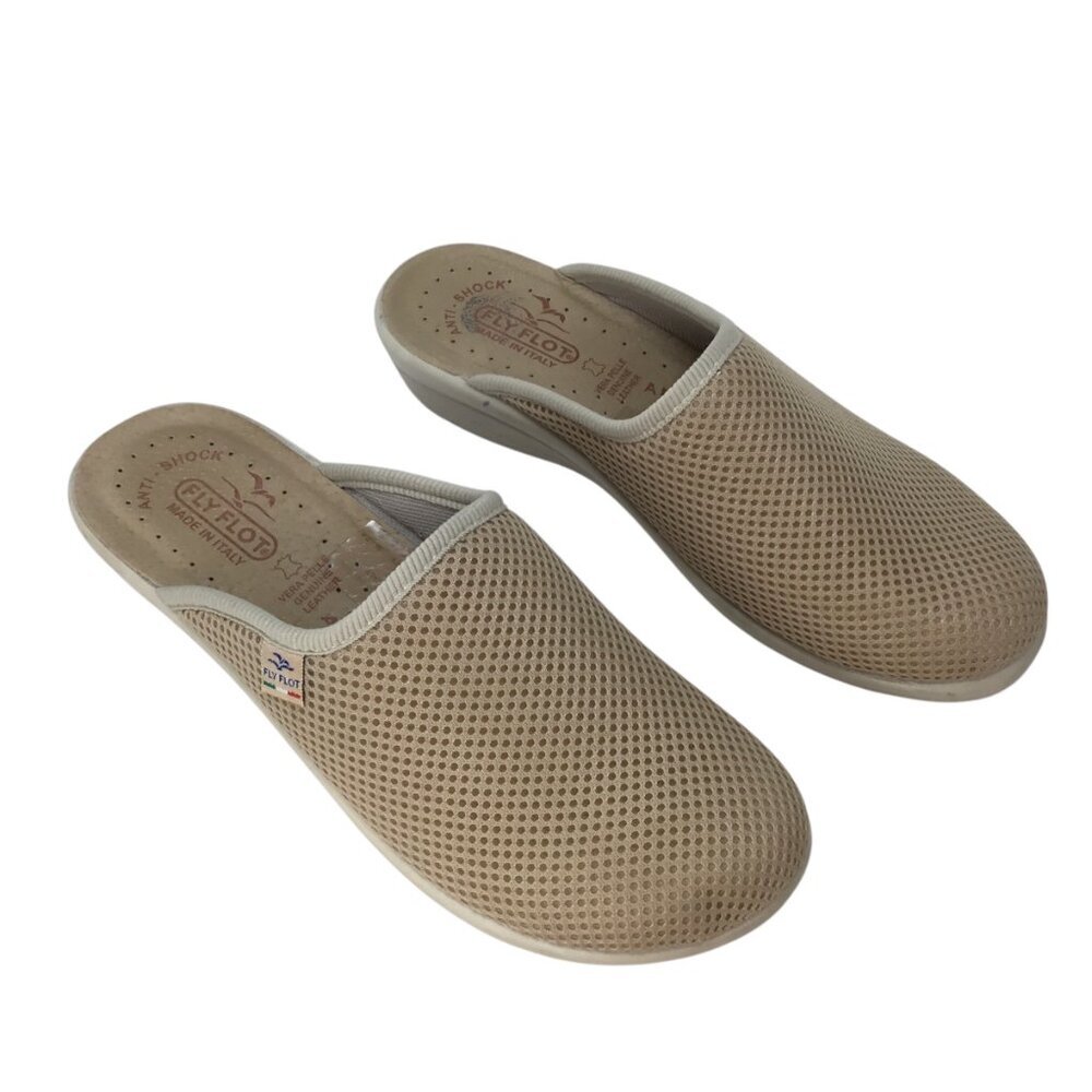 Fly Flot Clogs Size 7.5 / 38 Beige Knit Mesh Italy Anti-Shock Comfort Slip On - Picture 2 of 6